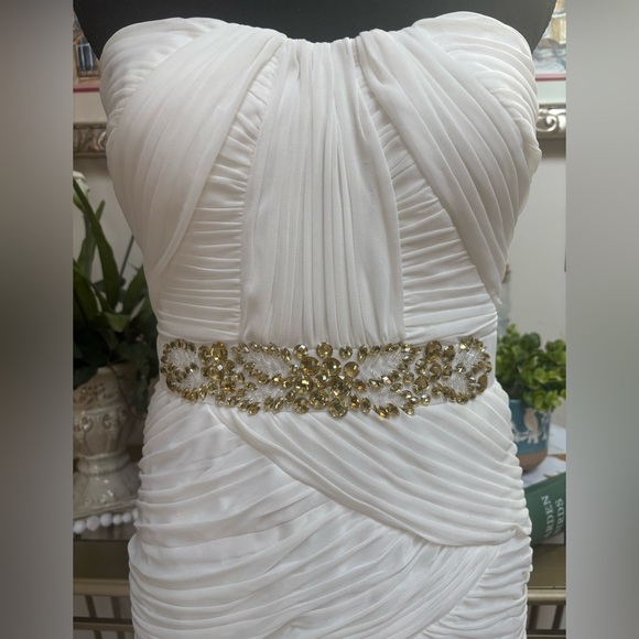 CACHE STRAPLESS GOLD BEADED RHINESTONE RESORT FORMAL WEDDING MINI DRESS SZ 12 - Picture 3 of 15